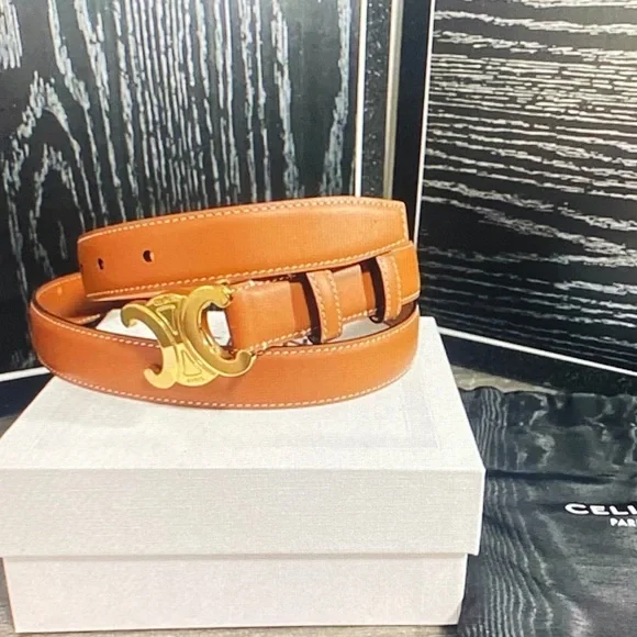 Celine Tan Leather Belt with Gold Buckle - Picture 2 of 4